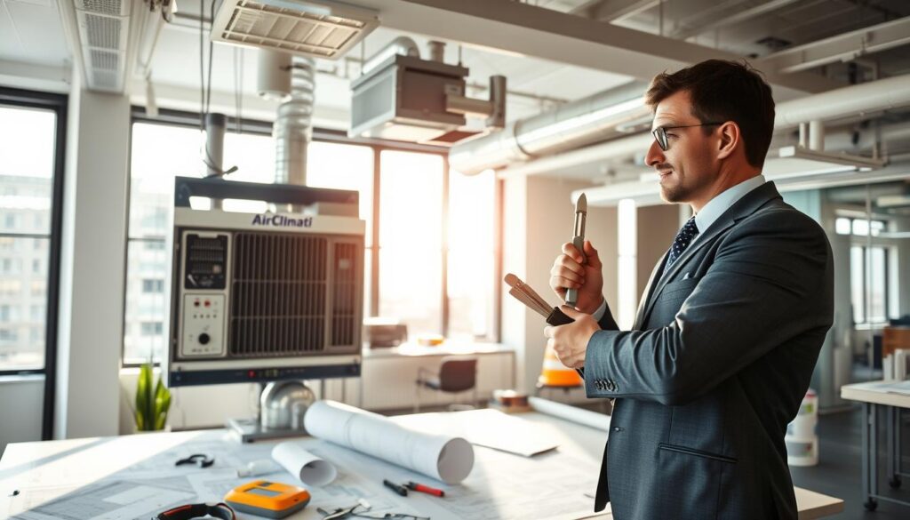 A modern office environment showcasing the installation of a VMC (Ventilation Mécanique Contrôlée) system. In the foreground, a technician dressed in professional business attire is attentively inspecting the VMC unit with tools in hand. The middle ground features a partially installed VMC system with visible ducts and vents, emphasizing technical details like control panels and airflow mechanisms. In the background, a well-lit workspace with blueprints scattered on a table, safety gear, and a large window allowing natural light to flood in, creating a bright and focused atmosphere. The overall mood is professional and thoughtful, highlighting the importance of correct installation and common errors to avoid. The brand name "AirClimati" is subtly included on the VMC unit.