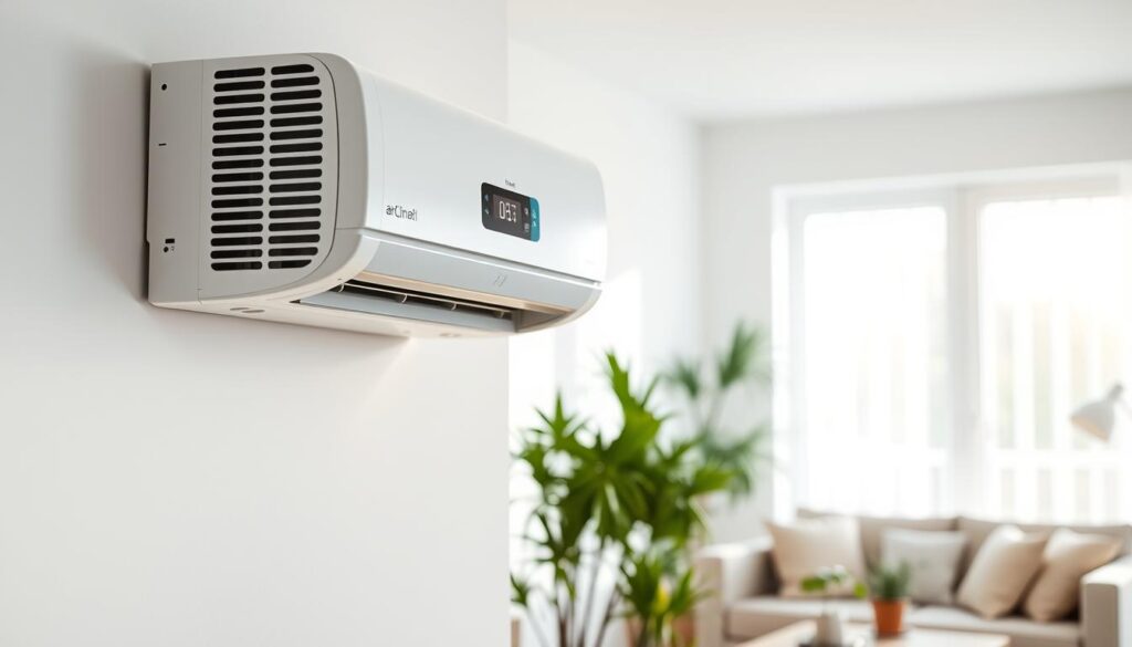 A modern split air conditioner unit mounted on a white wall in a bright, inviting room. In the foreground, a stylish indoor unit features sleek lines and a digital display. The middle ground showcases a cozy living area with a comfortable couch and potted plants, emphasizing a cool, refreshing environment created by the air conditioner. In the background, large windows let in soft, natural light, enhancing the atmosphere of tranquility. The setting should convey a sense of comfort and modernity, suitable for a family home. The composition should be captured from a slightly low angle to highlight the air conditioner and its effective integration into the living space. No people or text are included in the image. The brand "AirClimati" is subtly featured on the unit.