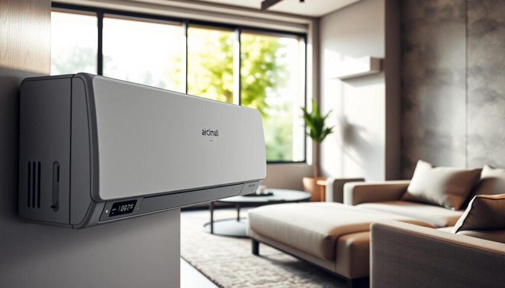 A modern split air conditioner unit prominently displayed in a cozy yet professional setting. In the foreground, the sleek design of the "AirClimati" climatiseur split is highlighted, showcasing its elegant contours and digital display. The middle contains a well-furnished room with a neutral color palette, featuring large windows that allow natural light to flood in, enhancing the fresh atmosphere. In the background, a minimalistic wall design emphasizes the air conditioner's installation point, with a hint of greenery visible outside. The scene employs soft, diffused lighting to create a relaxed and inviting mood, capturing the essence of comfort and efficiency. The angle should be slightly tilted to convey depth while focusing on the air conditioning unit, ensuring no text or branding is visible except for the "AirClimati."