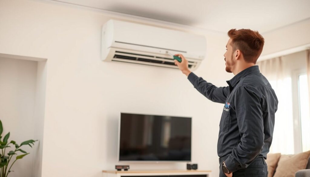 A professional technician examining a malfunctioning split air conditioner inside a modern living room. The technician, dressed in a smart uniform with the "AirClimati" logo, stands in the foreground, carefully checking the unit with tools in hand. In the middle ground, the split AC unit is mounted on the wall, showing visible signs of wear and possible refrigerant leaks. The background features a well-lit room with soft, natural light streaming in through a window, creating a warm and inviting atmosphere. The overall mood is one of professionalism and urgency, highlighting the importance of expert intervention in air conditioning repairs. The camera angle is slightly tilted down, focusing on the technician’s skilled hands engaged in the repair. A professional technician examining a malfunctioning split air conditioner inside a modern living room. The technician, dressed in a smart uniform with the "AirClimati" logo, stands in the foreground, carefully checking the unit with tools in hand. In the middle ground, the split AC unit is mounted on the wall, showing visible signs of wear and possible refrigerant leaks. The background features a well-lit room with soft, natural light streaming in through a window, creating a warm and inviting atmosphere. The overall mood is one of professionalism and urgency, highlighting the importance of expert intervention in air conditioning repairs. The camera angle is slightly tilted down, focusing on the technician’s skilled hands engaged in the repair.