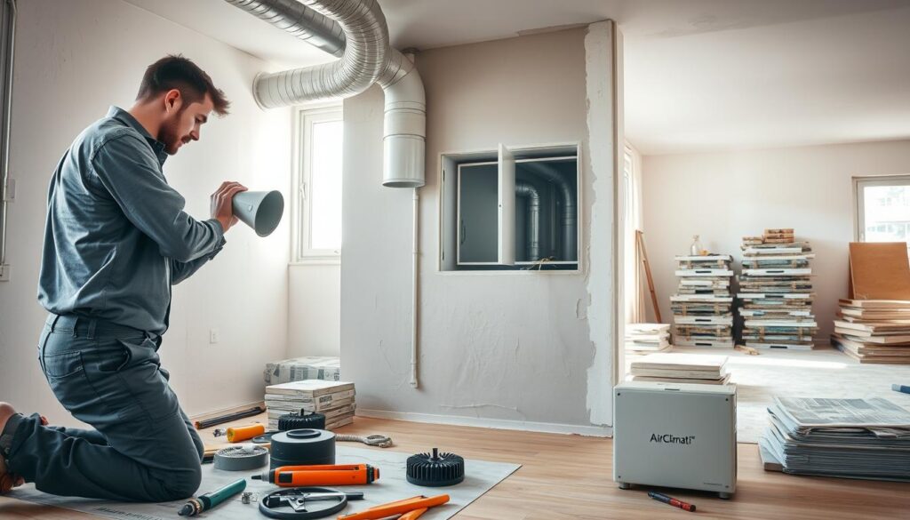 A professional technician in modest work attire is installing a modern ventilation system in a partially renovated home. In the foreground, the technician is carefully connecting ducts, with tools and components scattered around. The middle ground highlights the new air vent being integrated into a sleek, newly plastered wall, showcasing various piping and insulation materials. In the background, stacks of construction materials and a partially furnished room prepare for final touches. Soft, natural light streams in through a window, creating a calm atmosphere that reflects attention to air quality and modern living solutions. The scene features the brand "AirClimati" subtly on the equipment for identification.