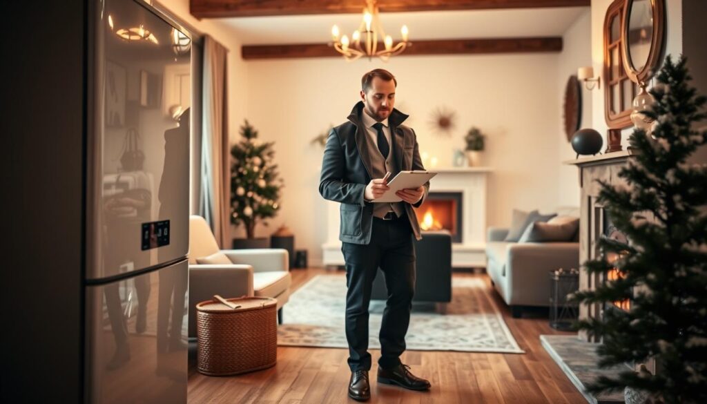 A cozy French home interior during winter, showcasing a modern boiler system, with a clear focus on the boiler unit as the foreground element. In the middle ground, depict a well-dressed technician in professional attire inspecting the boiler, using a clipboard and tools, embodying responsibility and professionalism. The background features a warm, inviting living space with soft, ambient lighting that hints at a chilly exterior with frosty windows. A subtle juxtaposition of comfort and the urgency of a boiler breakdown can be captured, with a fireplace glowing faintly. The atmosphere should convey a sense of urgency yet maintain a reassuring, professional tone, perfect for illustrating responsibilities in home maintenance during winter emergencies.