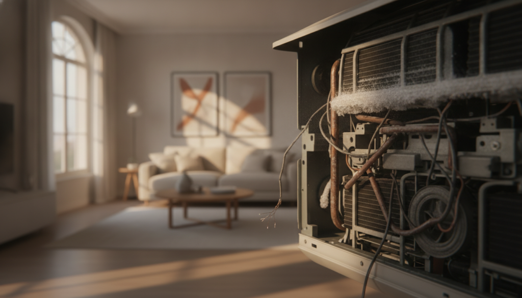 A detailed close-up view of a malfunctioning air conditioner unit in a modern French home. The foreground features the air conditioner's internal parts, showcasing worn components and frost buildup. The middle ground includes an intriguing glimpse of the system's electrical wiring, highlighting potential defects. The background shows a stylish living room, with minimalist decor and a hint of natural light streaming through a nearby window to create a warm atmosphere. The lighting is soft and slightly dramatic, emphasizing the textures of the unit while promoting a sense of urgency. The overall mood conveys a blend of concern and professionalism, suitable for a home maintenance context, without any people, brands, or text present.
