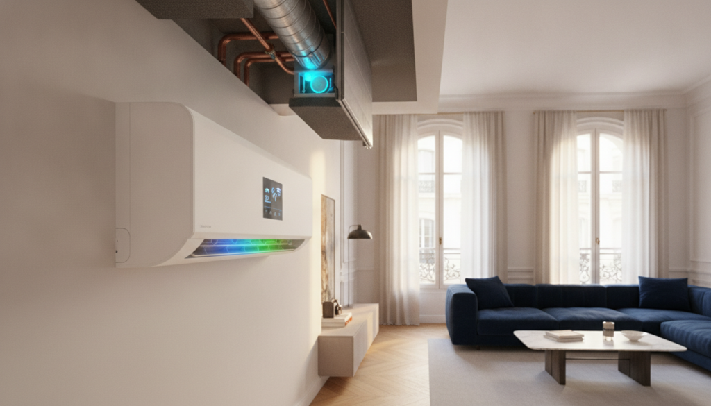 A detailed, realistic depiction of a modern air conditioning system in a stylish French home, showcasing the interior where sound issues may arise. In the foreground, focus on slightly misaligned ducts, pipes, and covers, symbolizing the common causes of noise. The middle ground highlights the sleek air conditioning unit, emphasizing smart home technology, with visible energy-efficient components. The background features a bright and airy living space, with large windows allowing natural light to flood in. Capture the mood of concern with soft lighting, suggesting a warm, yet slightly tense atmosphere. Angle the shot to create depth, possibly using a wide lens to emphasize the space and technology without any visible text or logos.