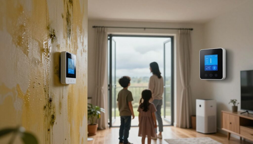 A realistic interior scene of a modern French home showing the effects of indoor air pollution due to humidity, mold, and water infiltration. In the foreground, a family is seen inspecting a damp wall, with visible mold growth and yellowing paint. The middle ground features open windows, showcasing a cloudy sky outside, hinting at moisture issues. Smart home devices, including a humidity sensor and air purifier, are subtly integrated in the setting, conveying a modern approach to air quality management. The lighting is soft and natural, emphasizing the dull and unsettling atmosphere. The overall mood is serious, highlighting concerns about health and home well-being. A realistic interior scene of a modern French home showing the effects of indoor air pollution due to humidity, mold, and water infiltration. In the foreground, a family is seen inspecting a damp wall, with visible mold growth and yellowing paint. The middle ground features open windows, showcasing a cloudy sky outside, hinting at moisture issues. Smart home devices, including a humidity sensor and air purifier, are subtly integrated in the setting, conveying a modern approach to air quality management. The lighting is soft and natural, emphasizing the dull and unsettling atmosphere. The overall mood is serious, highlighting concerns about health and home well-being.