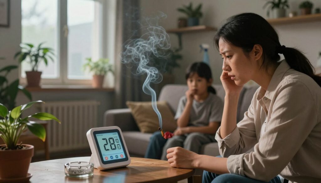 A realistic scene depicting indoor air pollution, focusing on sources like radon and tobacco smoke. In the foreground, a concerned family member in professional attire is checking an air quality monitor, displaying elevated levels. The middle ground features a living room with plants struggling to thrive and a half-open window showing smoggy outdoor air. Subtle wisps of tobacco smoke linger around a discreet ashtray. In the background, shelves with cleaning products and decor hint at hidden pollutants. Warm, dim lighting creates a slightly gloomy atmosphere, emphasizing the urgency of addressing indoor air quality. The overall mood is serious yet hopeful, showcasing modern smart home technologies designed to improve air quality, without any visible brands or logos. A realistic scene depicting indoor air pollution, focusing on sources like radon and tobacco smoke. In the foreground, a concerned family member in professional attire is checking an air quality monitor, displaying elevated levels. The middle ground features a living room with plants struggling to thrive and a half-open window showing smoggy outdoor air. Subtle wisps of tobacco smoke linger around a discreet ashtray. In the background, shelves with cleaning products and decor hint at hidden pollutants. Warm, dim lighting creates a slightly gloomy atmosphere, emphasizing the urgency of addressing indoor air quality. The overall mood is serious yet hopeful, showcasing modern smart home technologies designed to improve air quality, without any visible brands or logos.