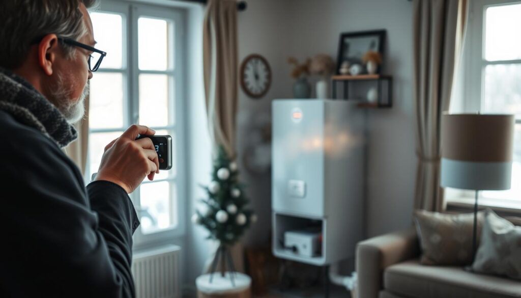 A winter scene inside a cozy French home, featuring a gas boiler malfunction scenario. In the foreground, a concerned homeowner in professional attire examines a digital thermostat, with a look of worry on their face. In the middle, the gas boiler is visibly malfunctioning, emitting faint wisps of steam and a blinking warning light. The background shows a well-furnished living room with winter decor and a visible frost on the windows, emphasizing the cold outside. Soft, natural lighting filters through the windows, casting a warm glow, contrasting with the chilly atmosphere. The mood reflects urgency and concern for safety, portraying the importance of reacting swiftly to a gas boiler emergency in winter.