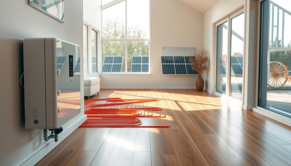 A modern, eco-friendly home interior showcasing alternatives to natural gas heating. In the foreground, a sleek, contemporary electric heat pump is installed prominently on the wall, with dials and indicators subtly illuminated. In the middle ground, a radiant floor heating system is partially visible beneath polished wooden flooring, with visible pipes suggesting energy efficiency. Solar panels can be seen in the background through large windows, allowing sunlight to flood the space, casting soft shadows. The atmosphere is warm and inviting, featuring a minimalist design with natural materials. The scene is captured with a wide-angle lens to emphasize openness, under soft natural lighting. The overall mood conveys comfort and sustainability, highlighting modern technological solutions for home heating.