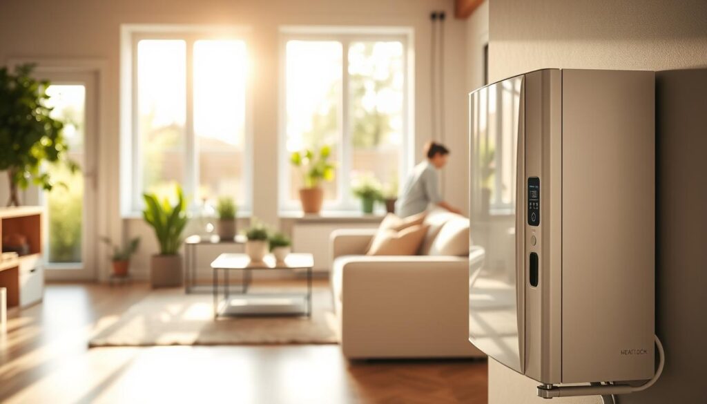 A modern, realistic smart heat pump system installed in a stylish French home, showcasing its sleek design and advanced technology features. In the foreground, the heat pump is prominently displayed with an elegant, minimalist housing, emphasizing its connected capabilities through subtle indicators of digital interfaces. In the middle ground, there are energy-efficient windows allowing natural light to flood the space, highlighting a cozy living environment with plants and tasteful decor. In the background, a sunny garden can be seen through the windows, promoting an eco-friendly atmosphere. Soft, warm lighting enhances the inviting feel of the home, captured from a slightly angled perspective to give depth. The overall mood is professional and progressive, ideal for illustrating smart home energy solutions.