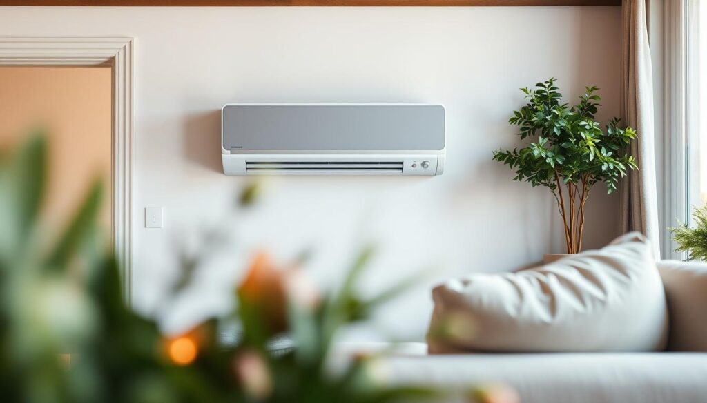 A modern wall-mounted split air conditioner in a beautifully designed French living space. The air conditioner should be sleek and stylish, seamlessly integrated into the room's wall, showcasing its energy-efficient technology. In the foreground, slightly blurred, there are elements of home comfort like a cozy sofa and decorative plants, while the middle ground features the air conditioner prominently displayed. In the background, soft natural light filters in through a large window, illuminating the inviting atmosphere. The scene should reflect a sense of modernity, warmth, and sophistication, ideal for a contemporary home. Capture the angle to emphasize both the air conditioning unit and the harmonious design of the room, showcasing its purpose and functionality without any distractions.