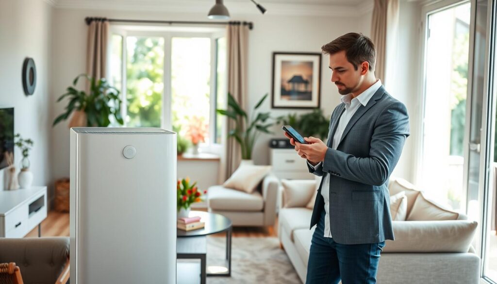 A modern, well-lit living room in a French home, showcasing a sleek dehumidifier prominently in the foreground, elegantly designed with a minimalist aesthetic. In the middle ground, a window reveals a sunny garden with lush greenery, filtering soft natural light into the space. The background features tasteful decor and a hint of high-tech smart home energy technology, like an automated thermostat. The atmosphere should feel fresh and clean, emphasizing the importance of air quality and humidity control. A professional individual dressed in business casual attire is monitoring the dehumidification process through a smartphone app, adding a human element to the scene. Overall, the image should convey comfort, modernity, and the concept of integrating climate control into daily life.