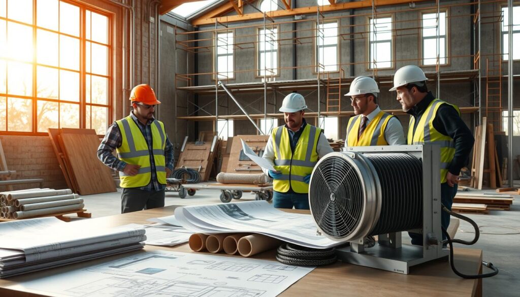 A professional construction site focused on budget-friendly heating solutions, featuring a modern or sleek heating system prominently in the foreground. Show workers wearing hard hats and safety vests, assessing and discussing plans spread out on a large table. In the middle ground, depict various construction materials, like insulation and pipes, neatly organized, accompanied by blueprints rolled out. The background should illustrate a partially constructed building with scaffolding, bathed in warm, natural light from large windows to create an inviting atmosphere. Use a wide-angle lens perspective to capture the hustle and bustle of the site, emphasizing teamwork and planning for a sustainable future. The mood should be optimistic, reflecting the anticipation of a new era in heating technology.