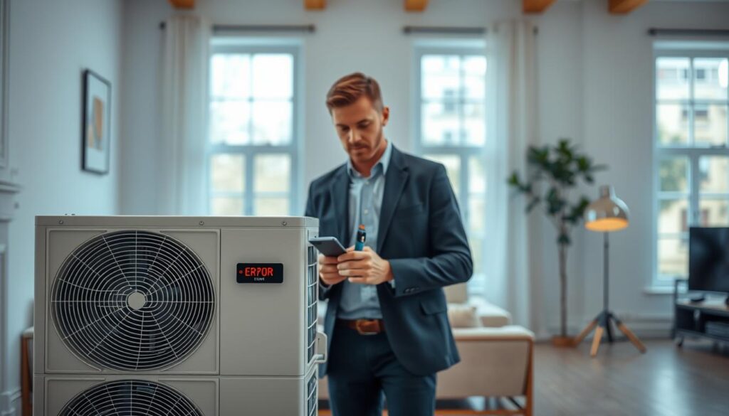 A professional setting featuring a malfunctioning heat pump system, prominently displayed in the foreground. The heat pump unit should be designed with realistic details, showcasing indicators for error codes. In the middle ground, a technician in smart casual attire examines the unit, with a focused expression, holding diagnostic tools. The background includes elements of a modern French home, such as a well-furnished living room or energy-efficient windows, softly illuminated by natural light filtering through. The atmosphere conveys a sense of urgency and professionalism, emphasizing the importance of addressing heat pump issues. The overall lighting should be bright and clear, creating a tech-savvy and informative mood.